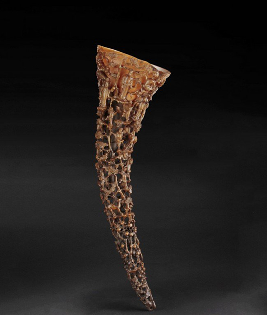 A Chinese Qing Dynasty carved rhinoceros horn, 25¼ inches tall, was purchased by a LiveAuctioneers bidder for $211,900 in California Asian Art Auction Gallery’s September 14, 2013 sale. Image: LiveAuctioneers Archive and California Asian Art Auction Gallery.