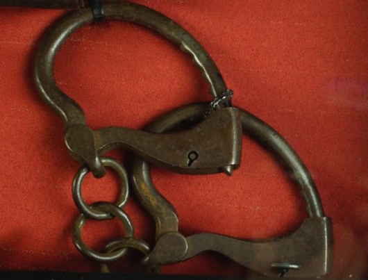 Sheriff Eugene Kay's handcuffs used to restrain Grat Dalton following his capture after the Alila train robbery in 1891. Estimate: $2,000-$3,500. California Auctioneers image.
