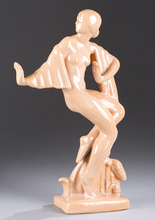 Cowan pottery figure of Eve, circa 1928, terra-cotta glaze, felt on bottom, 13 1/4in. Estimate $2,000-$4,000. Quinn's Auction Galleries image.
