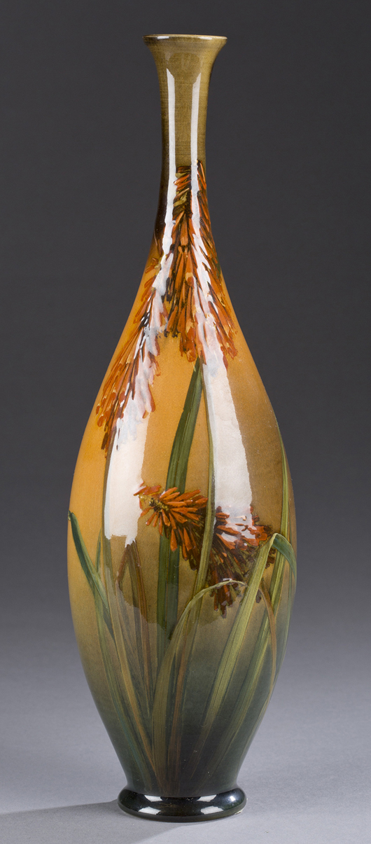 Rookwood vase with decoration by Kataro Shirayamadani, 1894. Standard glaze tall vase with raised floral and foliate design. Impressed with ROOKWOOD 1894, 742D, and artist's mark. 12 1/2in h. Estimate $1,500-$2,000. Quinn's Auction Galleries Image.