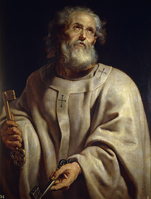 Sir Peter Paul Rubens (Dutch, 1577-1640) painting of St. Peter as Pope with the pallium and the Keys to Heaven. Painted between 1610-1612. From the permanent collection at The Prado in Madrid.
