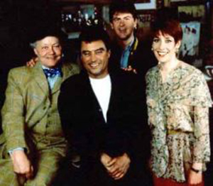 Main characters from the 1986-1994 hit BBC-TV series 'Lovejoy,' L to R: Dudley Sutton ('Tinker Dill'), Ian McShane ('Lovejoy'), Chris Jury ('Eric Catchpole') and Phyllis Logan ('Lady Jane Felsham'). Copyrighted promotional photo used here to illustrate the persons and subject covered in the article. No free equivalent exists; fair use under United States Copyright Law.