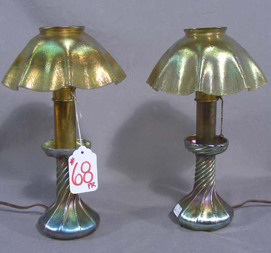 Pair Outstanding “Tiffany & Company” Candlestick Lamps, Each Signed on Base and Shade 'LCT Favrile,' Very Good Condition, 12in high, 7 ½in diameter. Chamberlain's image.