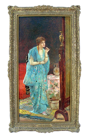 Vincente Palmaroli (Italian, 1834-1896), Oil on Board 'Beautiful Woman,' Signed, Image 26 ½in x 14 ¼in, Overall 30 x 17in. Chamberlain's image.