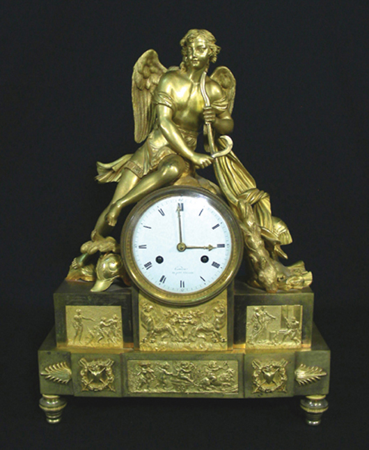 Early 19th Century Mantel Clock, 19 ½in h., 13 ¾in w., 4 ¾in diameter. Chamberlain's image.