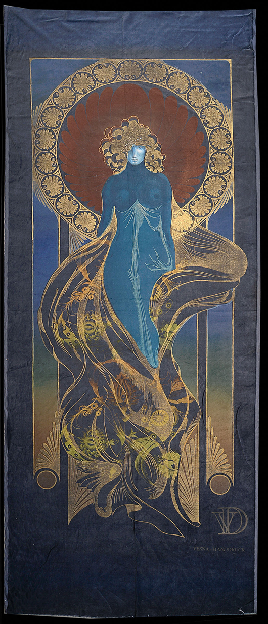 Viennese Secessionist Silkscreen & Painted Figural Tapestry Estimate:  $10,000 / 15,000. Image courtesy of Michaan's.