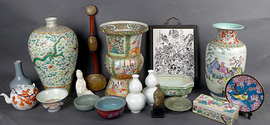 Representation of pieces from a collection of more than 100 lots of Asian porcelain and decorative art. Within the selection shown are a pair of Chinese Doucai wine cups, a pair of white glazed and incised double-gourd-form vases, a Chinese Jun-type bowl and a gilt bronze figure of Buddha. Sterling Associates image.
