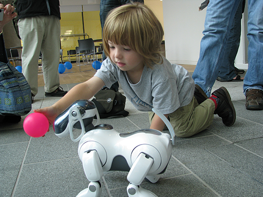 A child plays with a Sony AIBO ERS-7 robot dog. Image Stuart Caie. This file is licensed under the Creative Commons Attribution 2.0 Generic license.