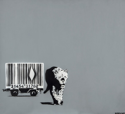 A unique variant from Banksy’s Barcode Leopard series is this signed and authenticated painted canvas, 33.6 inches x 36.6 inches. Estimate: £80,000-£120,000. Dreweatts & Bloomsbury image