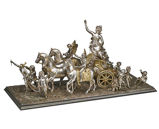 Viennese silver ‘Triumph of Flora’ centerpiece depicts the Goddess of Spring upon a gilded and jeweled chariot, drawn by angels and a team of four horses led by Mercury, circa 1880. Estimate: $80,000-$120,000. Rago Arts and Auction Center image.