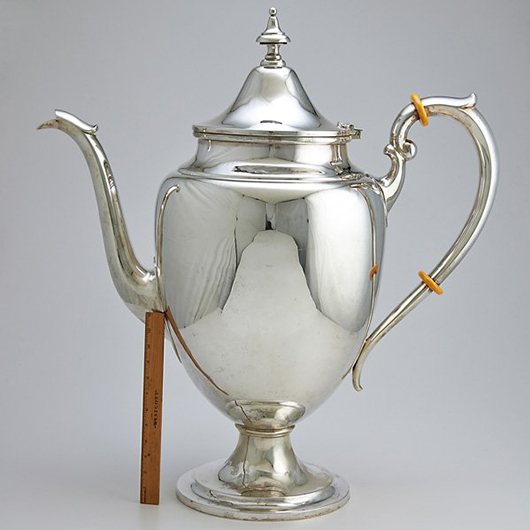 Gorham ‘Puritan’ silver coffeepot displayed in the office of Gorham's chairman of the board, circa 1925. Estimate: $18,000-$20,000. Rago Arts and Auction Center image.