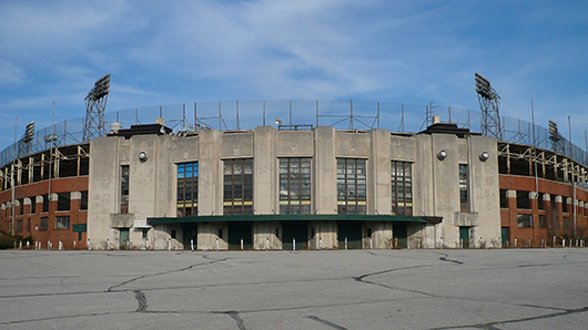 Much of the exterior facade of the former Bush Stadium has been preserved. Pictured is the main gate behind home plate. Image by Xti90. This file is licensed under the Creative Commons Attribution-Share Alike 3.0 Unported license.