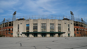 Much of the exterior facade of the former Bush Stadium has been preserved. Pictured is the main gate behind home plate. Image by Xti90. This file is licensed under the Creative Commons Attribution-Share Alike 3.0 Unported license.