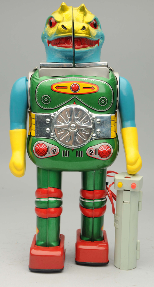 Tin litho and plastic battery-operated Change Man robot, Horikawa, Japan, comes with original box. Est. $4,000-$6,000. Morphy Auctions image.