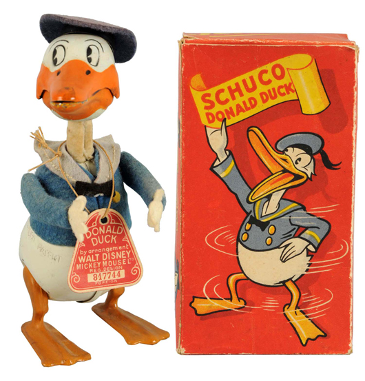 Schuco Walt Disney Donald Duck wind-up toy, German, retains original hang tag, Schuco key and extremely rare original box. Est. $1,200-$1,800. Morphy Auctions image.