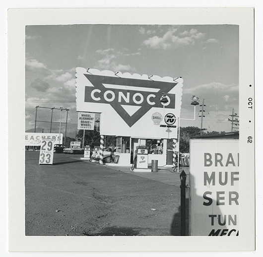Snapshot of Conoco station in Albuquerque, N.M., related to Ed Ruscha's first artist book 'Twentysix Gasoline Stations,' which was published in 1963. Image courtesy of the Harry Ransom Center. 