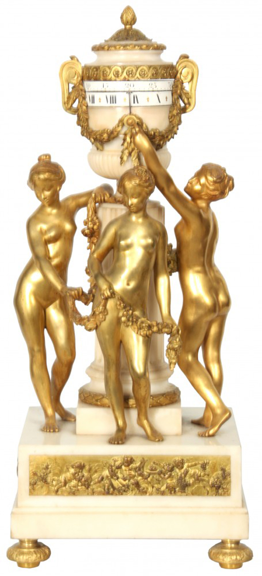 French figural Three Graces annular clock with white marble base and original finish. Price realized: $17,700. Fontaine’s Auction Gallery image.