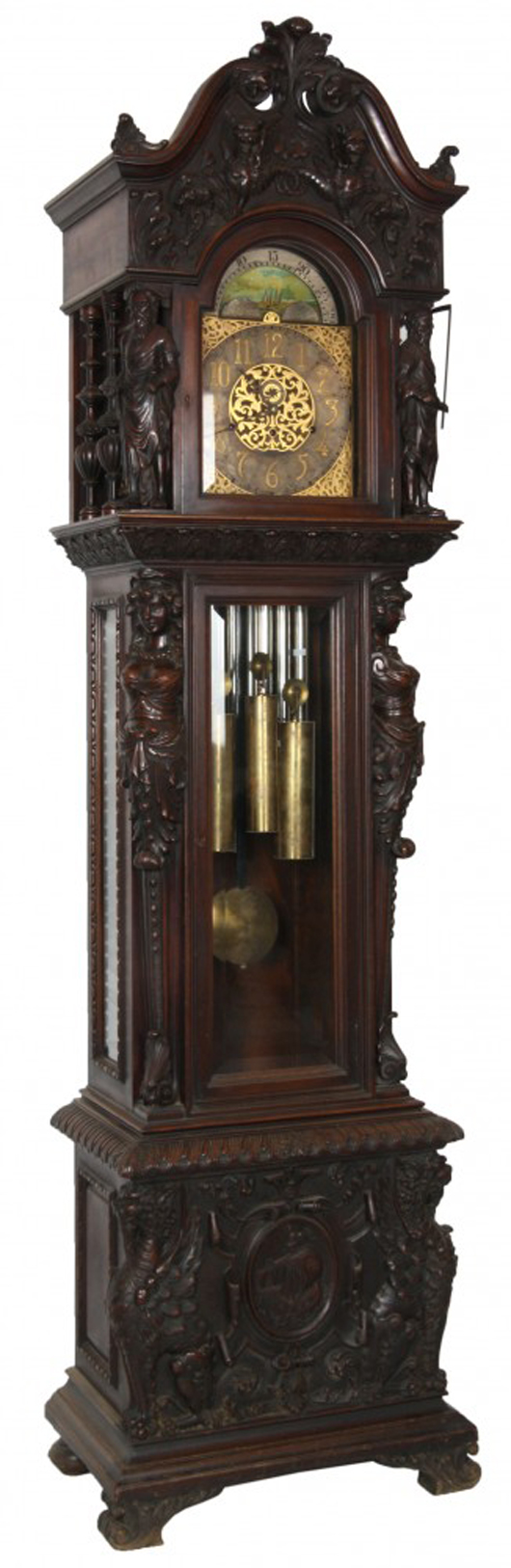 Carved mahogany nine-tube grandfather clock with fine case attributed to R.J. Horner. Price realized: $44,250. Fontaine’s Auction Gallery image.