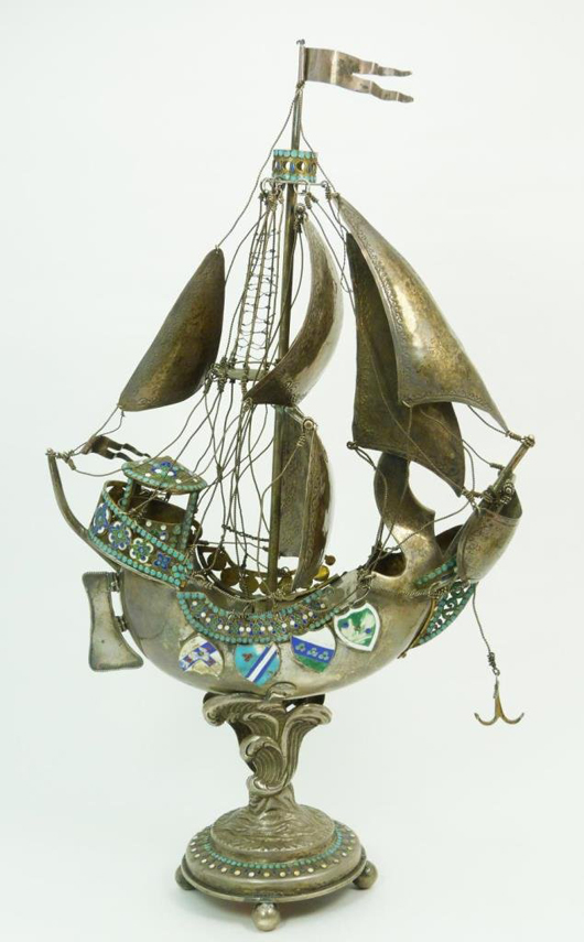 Russian enameled silver Povchinikov figural sailboat sculpture, weighing 47.19 troy ounces. Estimate: $15,000-$20,000. Elite Decorative Arts image.