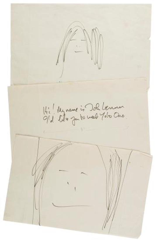 Previously unpublished self-portrait by John Lennon, one of two sketched for the book ‘Grapefruit’ written by Yoko Ono, which was sold together with a portrait of Yoko and the manuscript text. Price realized: £19,220 ($31,568). Dreweatts & Bloomsbury image.