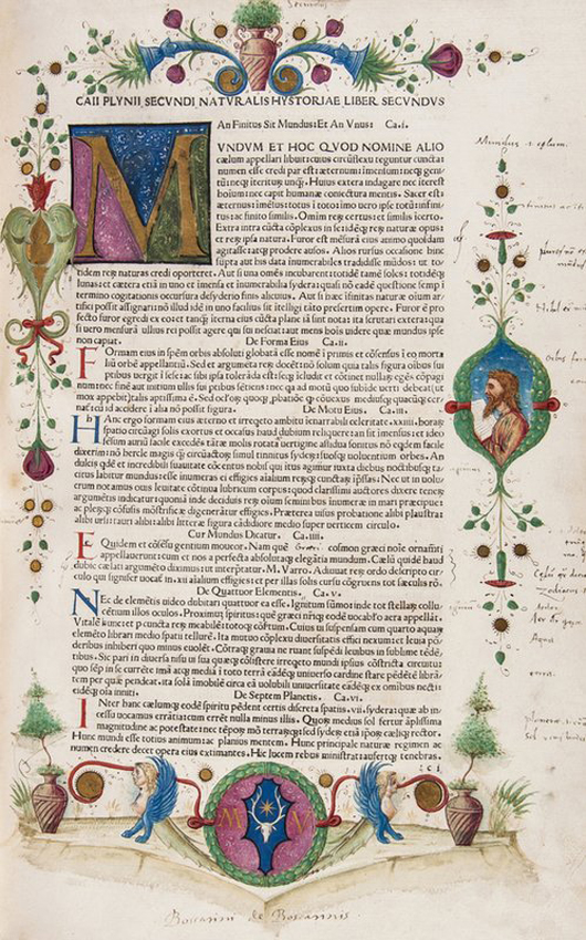 Plinius Secundus (Gaius), ‘Historia Naturalis,’ edited by Philippus Beroaldus, 266 folios. (of 268, lacking initial and final blank), elaborately illuminated. Price realized: £22,320. ($36,664). Dreweatts & Bloomsbury image.