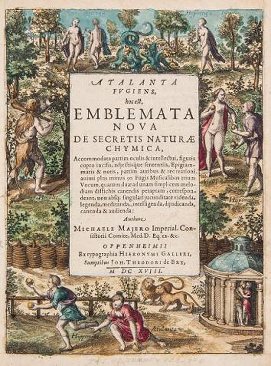 Michael Maier’s published work ‘Atalanta Fugiens,’ 1617. Price realized: £21,080 ($34,622). Dreweatts & Bloomsbury image.