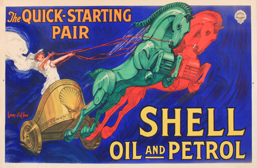 Jean D'Ylen (1886-1938), Shell Oil and Petrol, The Quick Starting Pair, printed by Vercasson 1926, 75 x 114cm. Estimate: £3,000-£4,000 ($4,928-$6,570). Onslows image.