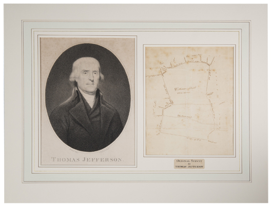 Survey or plat of ‘Indian Camp’ in Albermarle County, Virginia, in the hand of Thomas Jefferson. Survey shows a 1,334-acre parcel adjoining the land owned by William Carter and James Monroe, which Jefferson purchased in 1796 on behalf of his protégé William Short (1759-1849). Today the land is known as ‘Morven’ and is owned and operated by the University of Virginia Foundation. Photo: Quinn & Farmer.