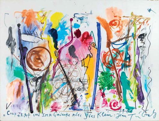 Jean Tinguely, Coopération imaginaire avec Yves Klein, 1988, tempera, pastello e gouache su cartoncino, cm 65x85, Stima €10.000-12.000, Courtesy Pandolfini Firenze