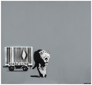 Banksy ‘Barcode Leopard’ series canvas. Price realized: £177,800 ($291,326). Dreweatts & Bloomsbury image.