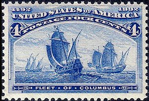 Christopher Columbus' fleet is pictured on this 1893 U.S. postage stamp. Image courtesy of Wikimedia Commons.