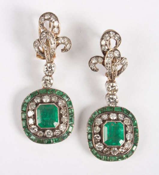 Pair of Victorian gold, diamond and emerald earrings. Alex Cooper Auctioneers Inc. image.