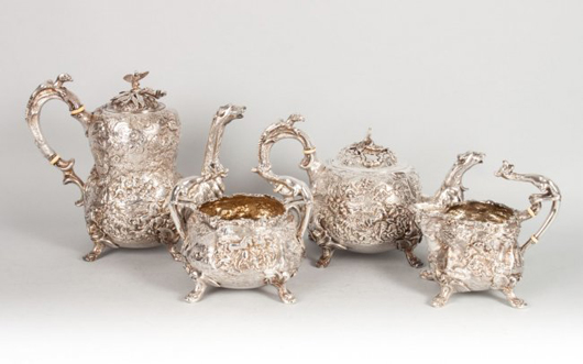English Britannia silver coffee and tea service. Alex Cooper Auctioneers Inc. image.