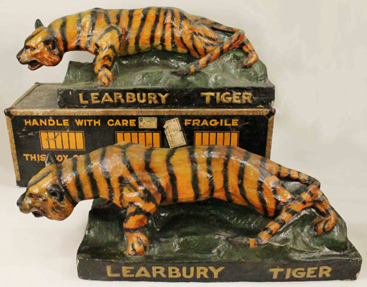 Large pair of papier-maché  and polychromed striped orange tigers, made for Learbury Clothes, Syracuse, N.Y. Ahlers & Ogletree image.