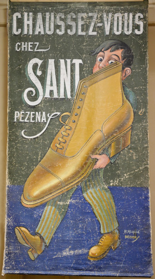 Late 19th/early 20th century French shoemaker advertisement, hand-painted on canvas, over 12 feet tall. Ahlers & Ogletree image.