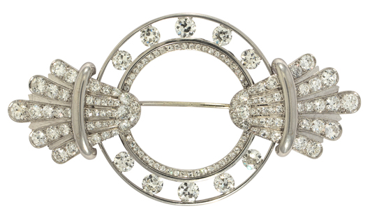 This stunning Van Cleef & Arpels Art Deco diamond and platinum brooch, signed ‘Van Cleef & Arpels, Paris 22462’ sold for $23,800. Clars Auction Gallery image.