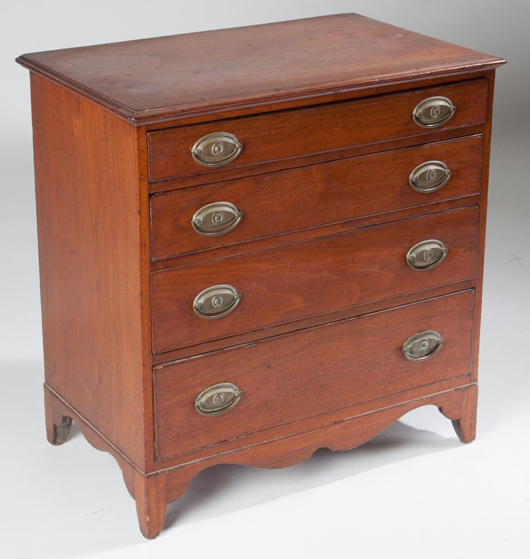 Important Shenandoah Valley Of Virginia Federal walnut child's chest of drawers, circa 1810. Price realized: $24,150. Jeffrey Evans & Associates image.