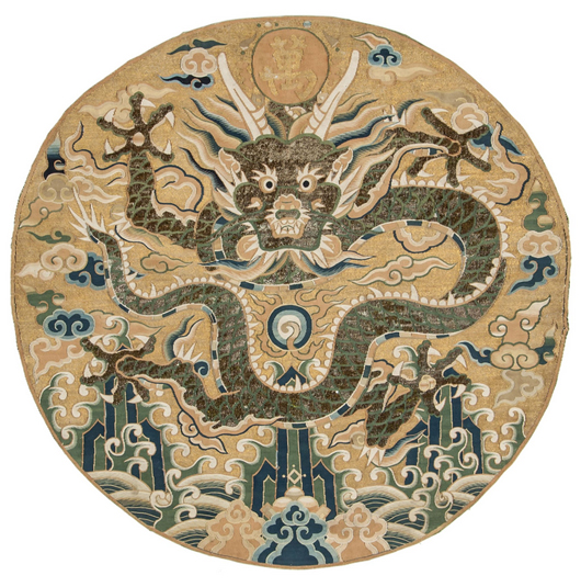 A circular silk badge of the type worn by a Ming dynasty emperor sold for £16,120 ($26,429). Dreweatts & Bloomsbury Auctions image. 