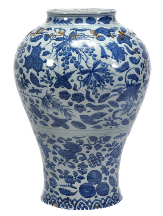 Chinese blue and white baluster jar decorated with floral sprays, grapes and Buddhist symbols, 65cm high, Wanli period. Price realized: £2,976 ($4,891). Dreweatts & Bloomsbury Auctions image. 