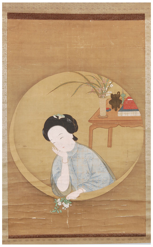 Chinese painting in inks and gouache on silk, 18th-19th century, 120.5 cm by 76 cm. Price realized: £2,976 ($4,891). Dreweatts & Bloomsbury Auctions image.  