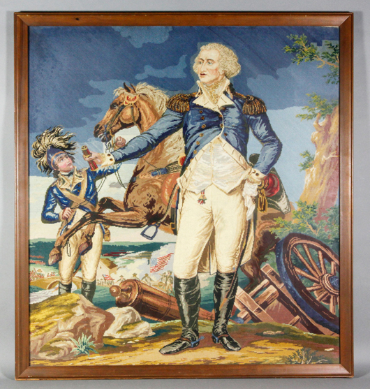 After John Trumbull, needlepoint of George Washington at Trenton, Berlin woolwork needlepoint, circa 1840. Price realized: $2,000. Kaminski Auction image.