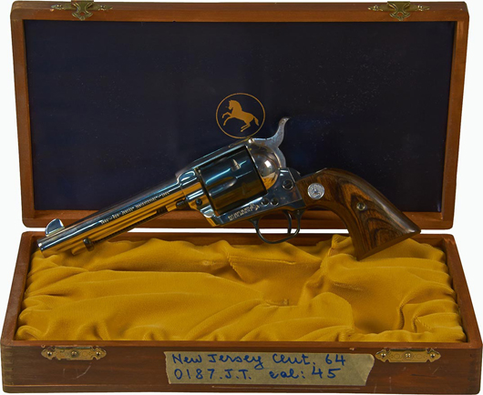 Colt single-action Army .45 LC caliber New Jersey tercentenary commemorative revolver in original case, circa 1964. Victorian Casino Antiques image.