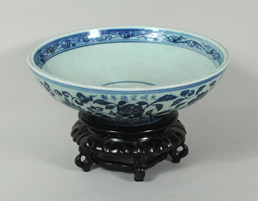 Ming blue and white bowl. Price realized: $38,750. Woodbury Auction image.