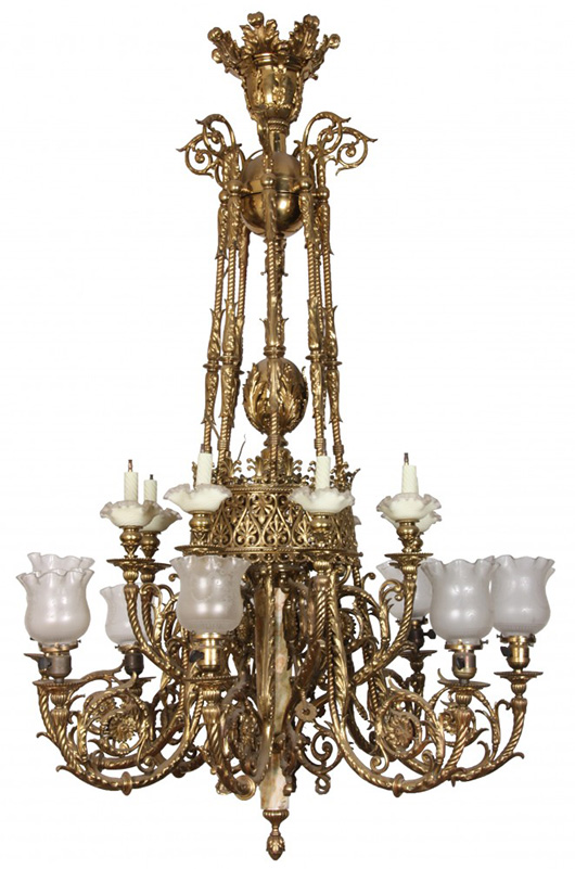 Sixteen-arm bronze and onyx gas and electric chandelier, 5 feet tall by 3 feet wide (est. $10,000-$15,000). Fontaine’s Auction Gallery image.