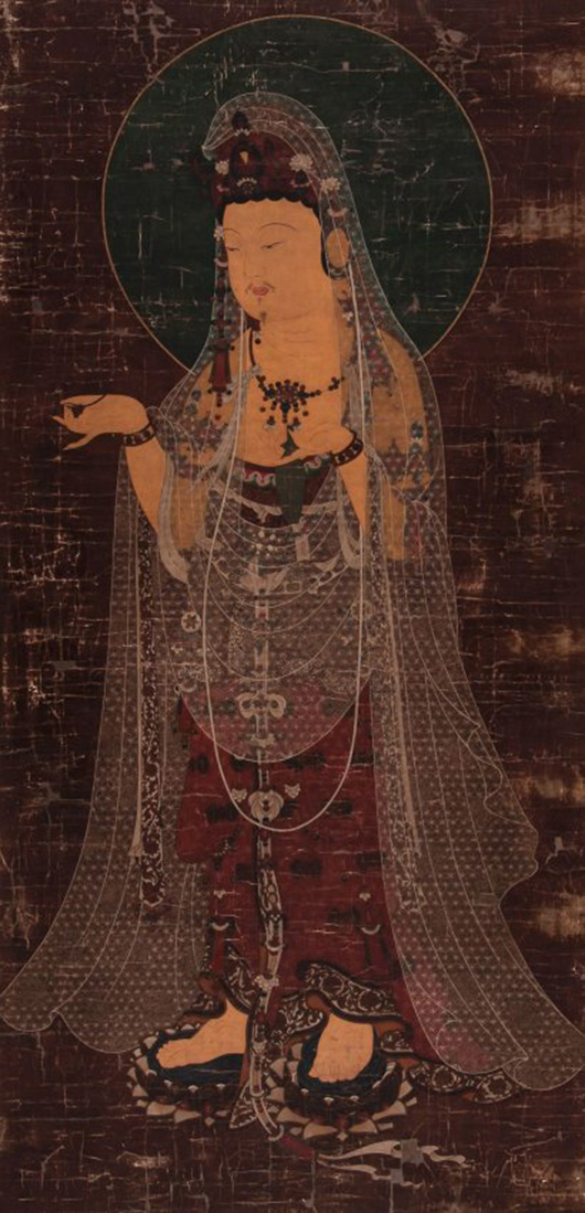 A painting of Boshisattva Avalokitesvara, walking on a lotus pond with a large halo behind him. Price realized: £28,000 (hammer price). Dreweatts & Bloomsbury Auctions image.