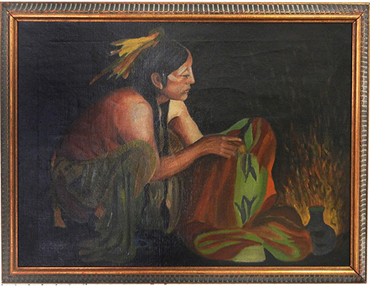 E.I. Couse oil on canvas painting of Native-American with colorful blanket. Stephenson's Auctioneers image.