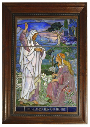Tiffany Studios leaded stained glass window, 53 inches x 35 inches signed ‘L. C. Tiffany’ (est. $60,000-$80,000). Fontaine’s Auction Gallery image.