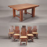 Shown as an example of Frank Lloyd Wright's furniture-design ethic, but unrelated to the pending court case, this dining room table and chairs sold for $77,500 + buyer's premium at Michaan's June 8 auction in Alameda, California. The set was produced by Bowerly Brothers Furniture Co., Chicago, in 1903, based on a commissioned design by Wright. Image courtesy of LiveAuctioneers Archive and Michaan's.