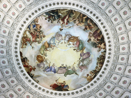 The fresco painted on the interior of the Capitol's dome titled 'The Apotheosis of Washington' was painted by Constantino Brumidi in 1865. Image by user:Raul654.This file is licensed under the Creative Commons Attribution-Share Alike 3.0 Unported license.