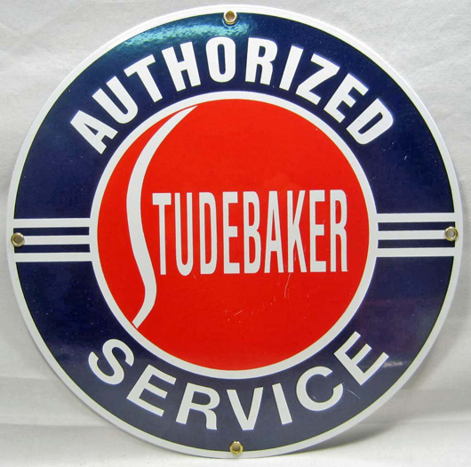 'Studebaker Authorized Service' porcelain sign. Image courtesy of LiveAuctioneers.com Archive and Pioneer Auction Service.
